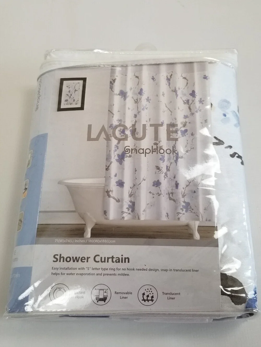 Lagute Snap Hook Shower Curtain 71x74 NWT